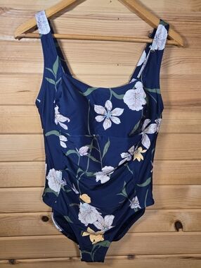 Shade & Shore Women's One Piece Swimsuit Navy Floral Tummy Control 14 Beach NWT